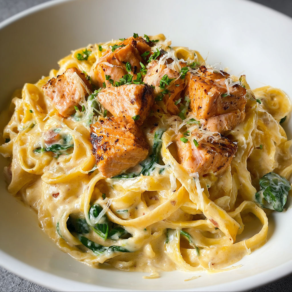 Une assiette de pâtes au saumon crémeuses et sauce Alfredo Cajun, servie dans un bol blanc.