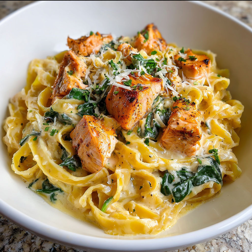 Une assiette de pâtes au saumon crémeuses et sauce Alfredo Cajun.