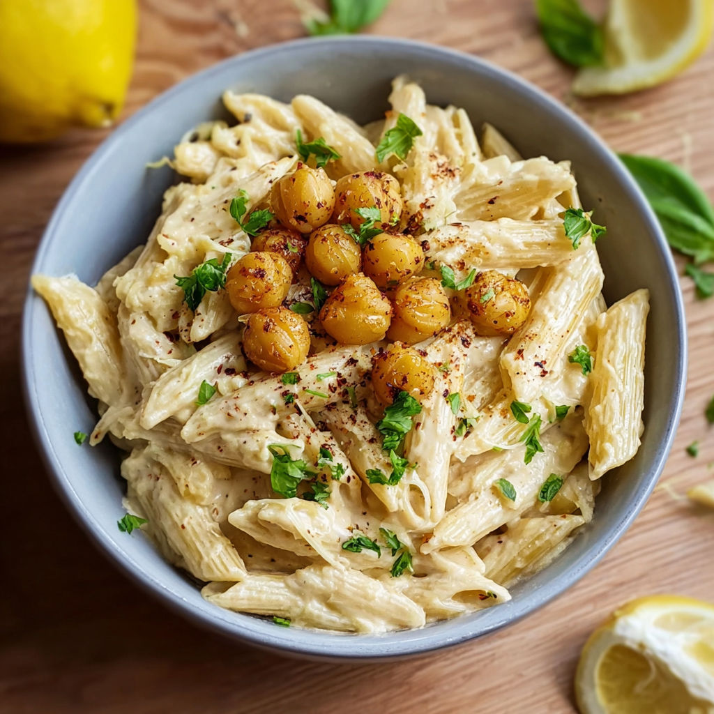 Une salade de penne avec des légumes verts et des olives.