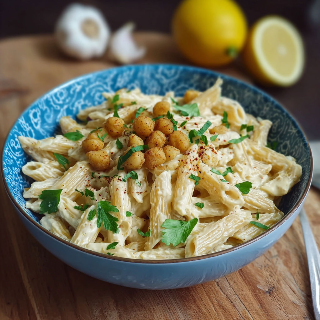 Une salade de penne avec des légumes et des olives.
