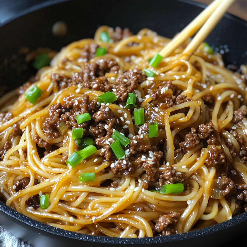 Une recette de noodles avec des légumes verts et des viandes.