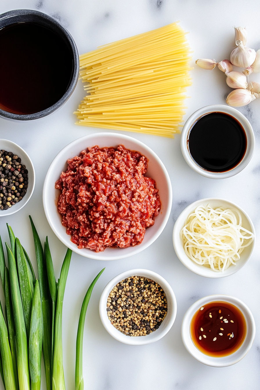 Une recette de spaghetti bolognaise est prête à être préparée avec des ingrédients tels que des pâtes, du tomate, des herbes et des épices.