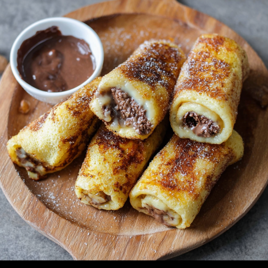 Une collation de crêpes sucrées et salées, accompagnées d'une sauce chocolat.