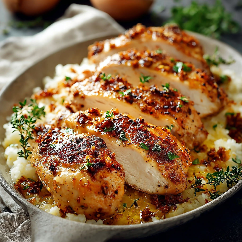 Chicken breasts cooked in a pan with herbs and spices, served with rice and vegetables.