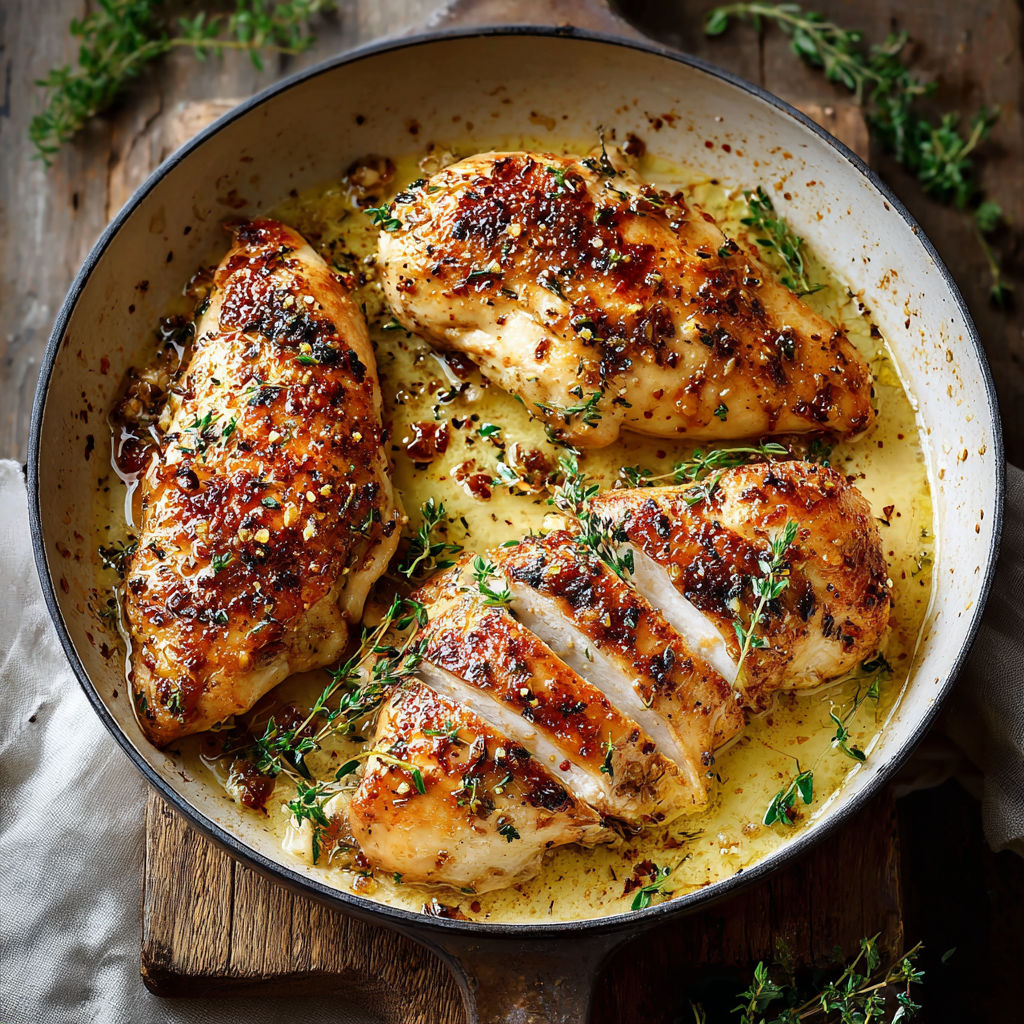 Une poêle contenant des chops de poulet grillés avec des herbes et des épices.
