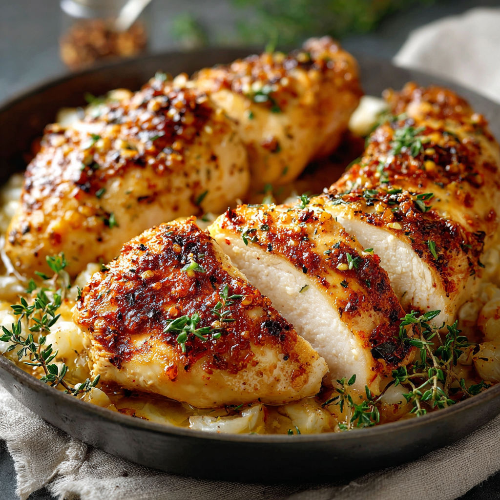 Une poêle contenant des chops de poulet grillés avec des herbes et des légumes.