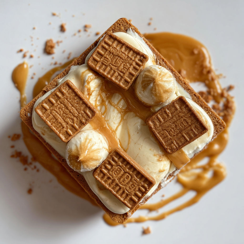 Une tarte aux crustacés en forme de carré, avec des crustacés et des crêpes, est couverte de sauce caramélisée.