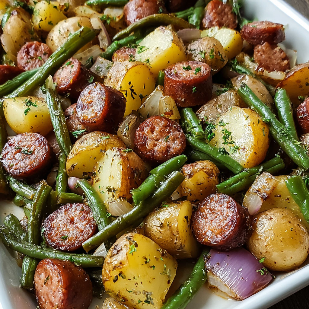 Une assiette de nourriture avec saucisses, pommes de terre, haricots verts et oignons, tous cuits ensemble dans un plat savoureux.