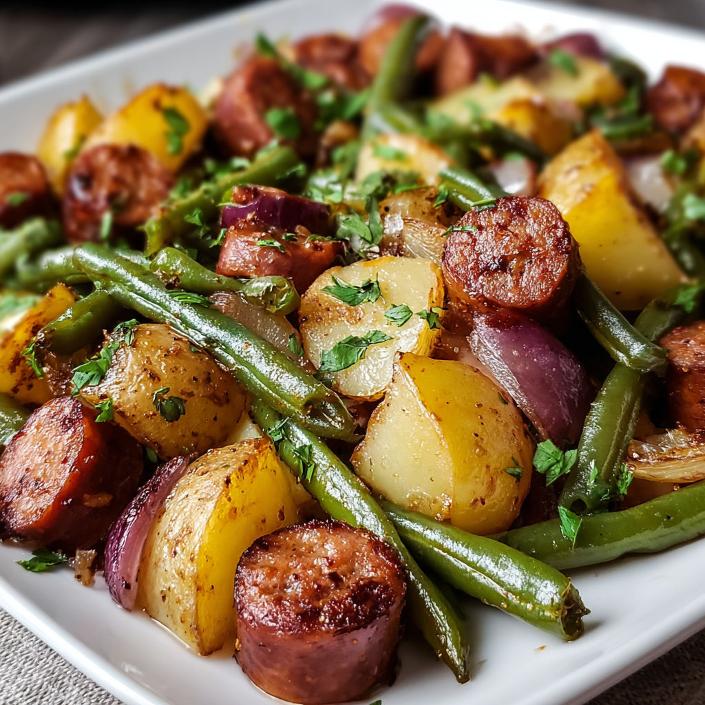 Une assiette blanche remplie d'un délicieux plat de saucisses et pommes de terre.