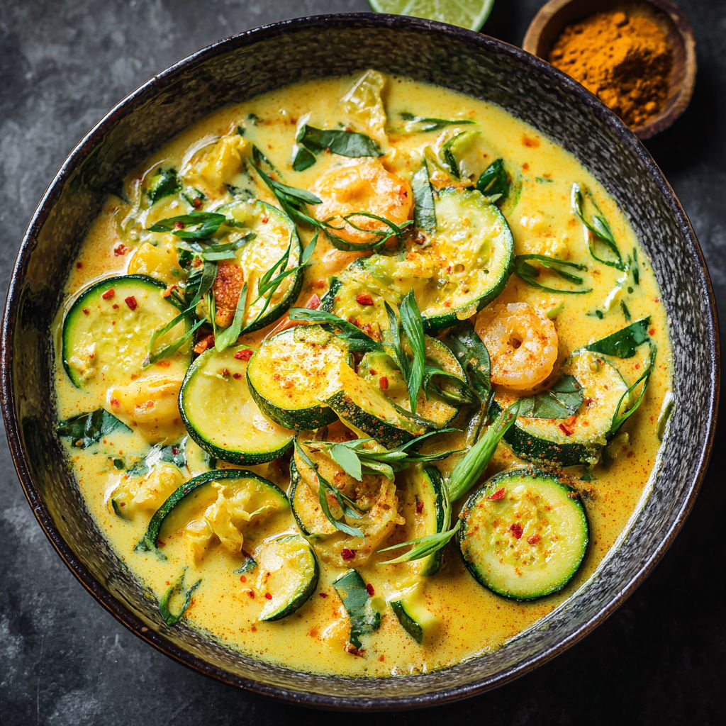Une assiette de courgettes au lait, avec des herbes vertes et des épices, est servie dans un bol.