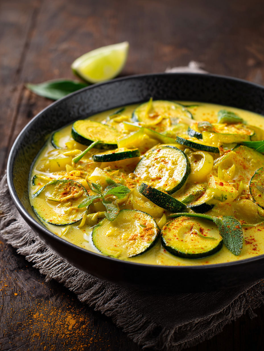 Une assiette de courgettes au lait, avec des herbes vertes et des épices, est servie sur une table.