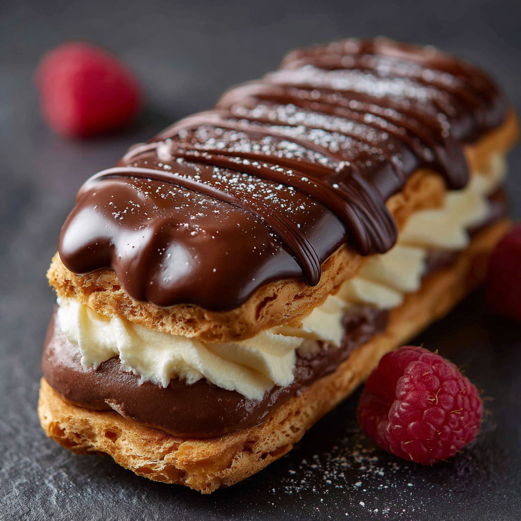 Une crêpe chocolat garnie de raspberries et de chocolat fondu.