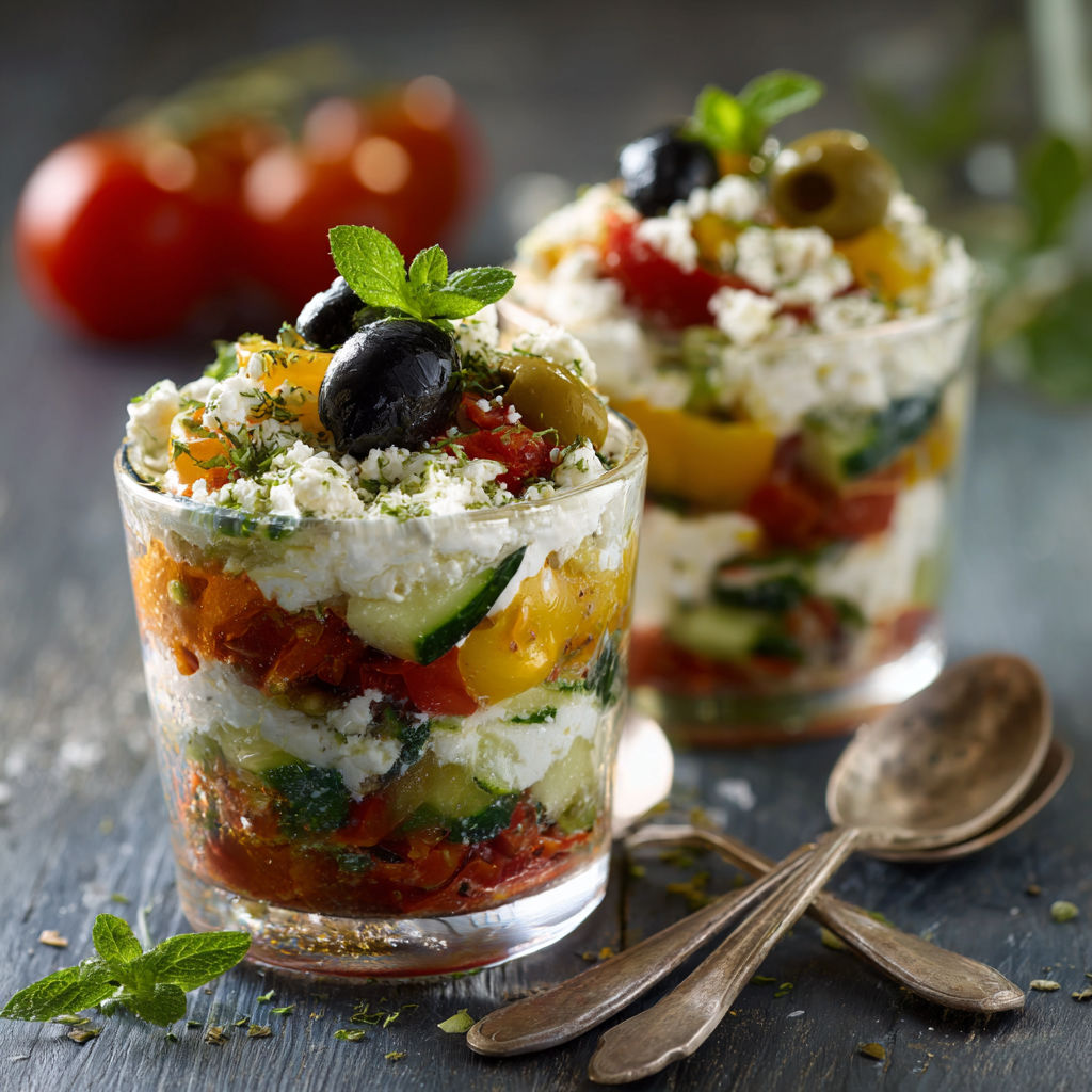 Une salade de tomates et de cucumbers dans des verres.