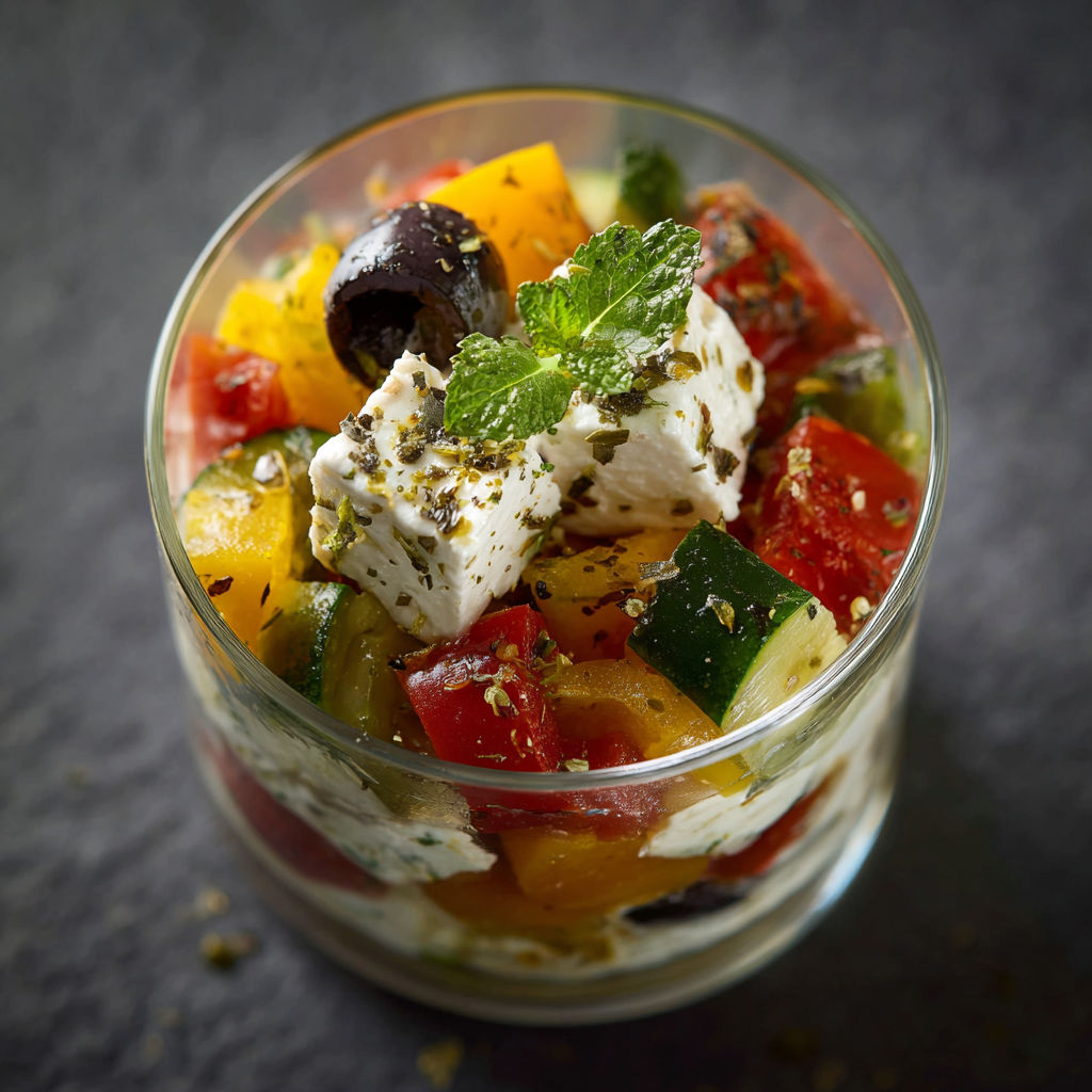 Une salade de tomates, de cucumbers et de fromage feta dans un verre.