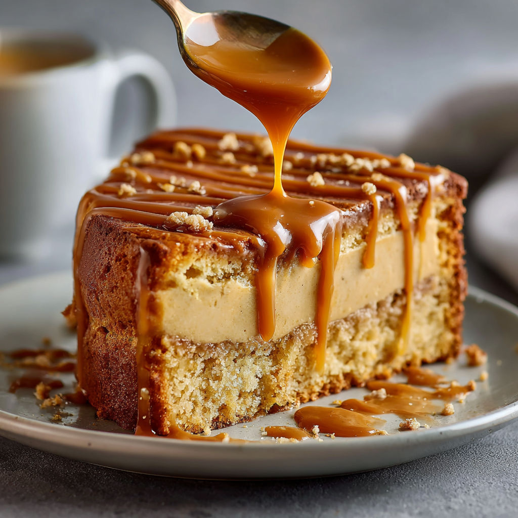 Une tarte aux fruits et caramel, avec une cuillère pleine de caramel qui enrobe le dessert.