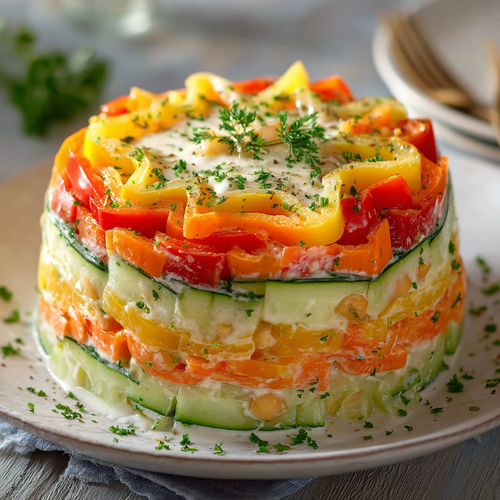 Une délicieuse tarte aux légumes, composée de cucumbers, de tomates, de poivrons et de fromage, est servie sur un plateau.