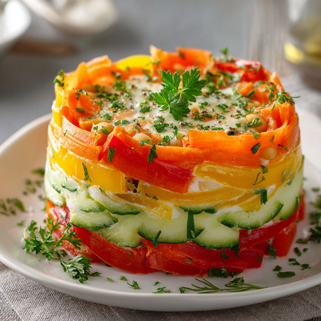 Une tarte aux légumes colorés, avec des carottes, des tomates, des cucumbers et des herbes, est servie sur un plateau.