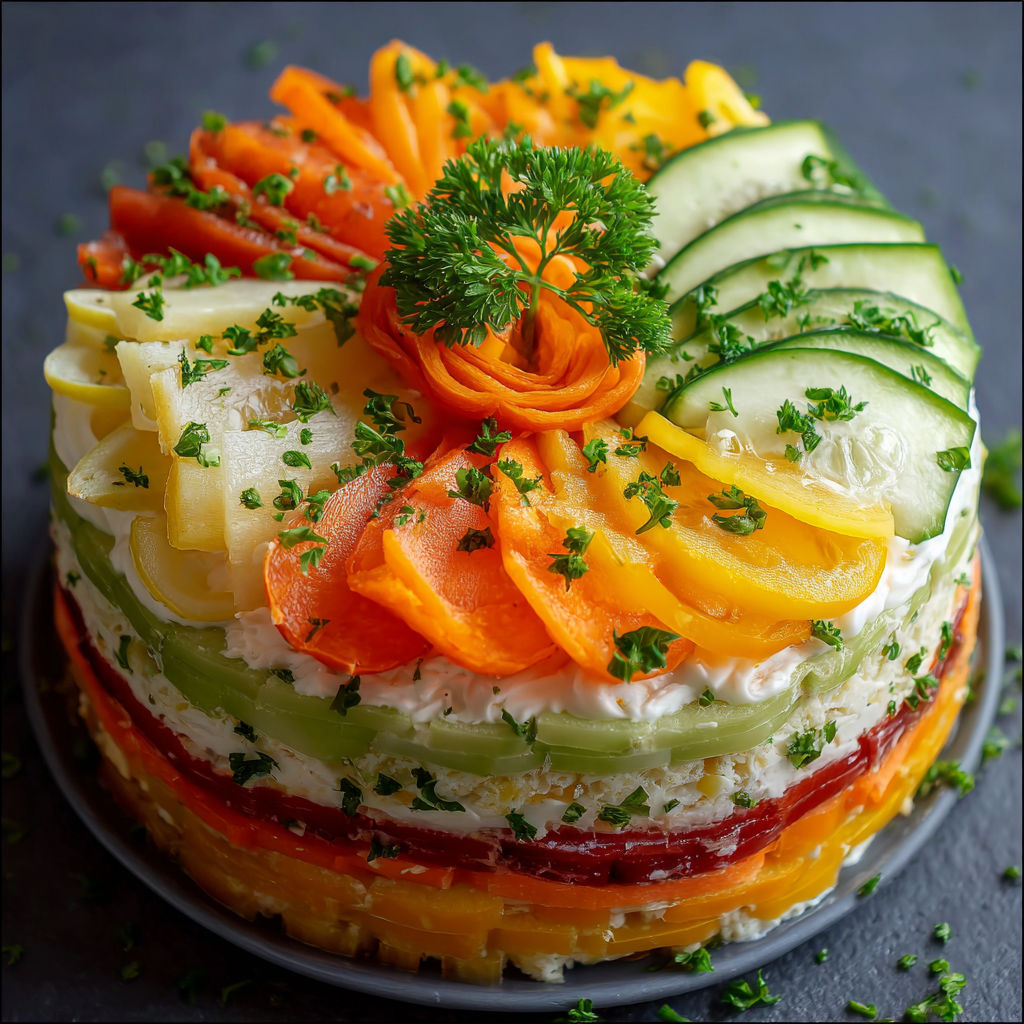 Une tarte aux légumes colorés, avec des carottes, des cucumbers, des tomates, des concombres et des herbes.