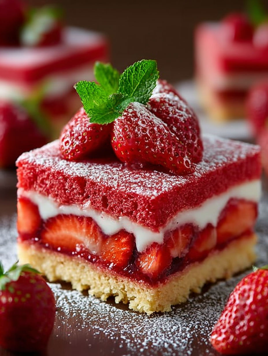 Une tarte aux fraises et aux crustacés, garnie de fraises et de menthe, est servie sur un plateau.
