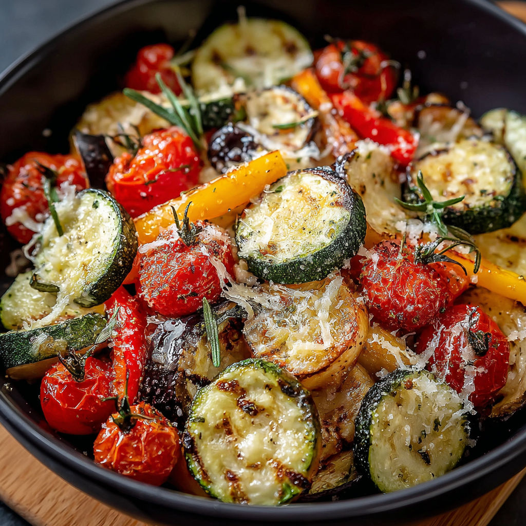 Une assiette de légumes grillés, y compris des courgettes, des tomates, des poivrons et des carottes, est servie sur un plateau de bois.