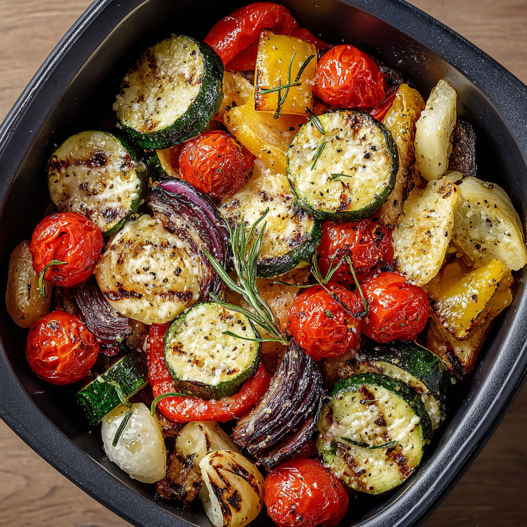 Une assiette de légumes grillés, y compris des courgettes, des poivrons, des tomates et des aubergines, est servie sur une table.