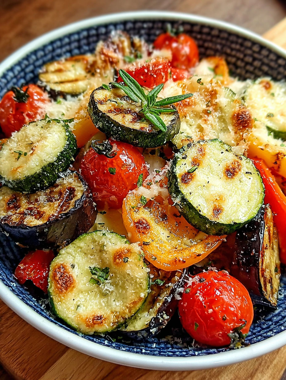 Une assiette de légumes grillés, incluant des courgettes, des tomates, des poivrons et des aubergines, est servie sur une table.