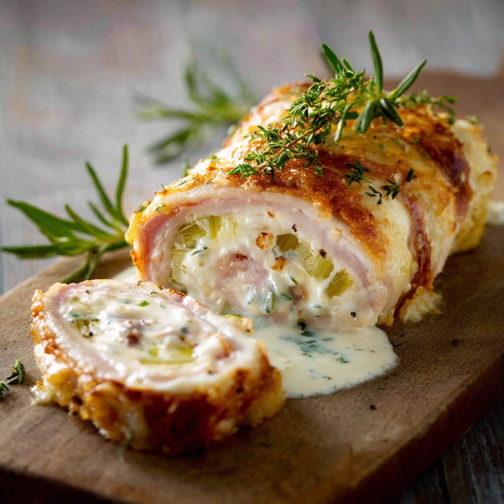 Une tranche de sandwich au poulard et aux herbes, sur une planche de bois.