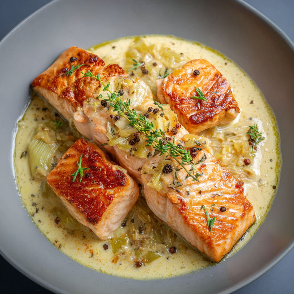 Salmon en sauce au piment et à la coriandre, présenté sur un plateau en céramique.