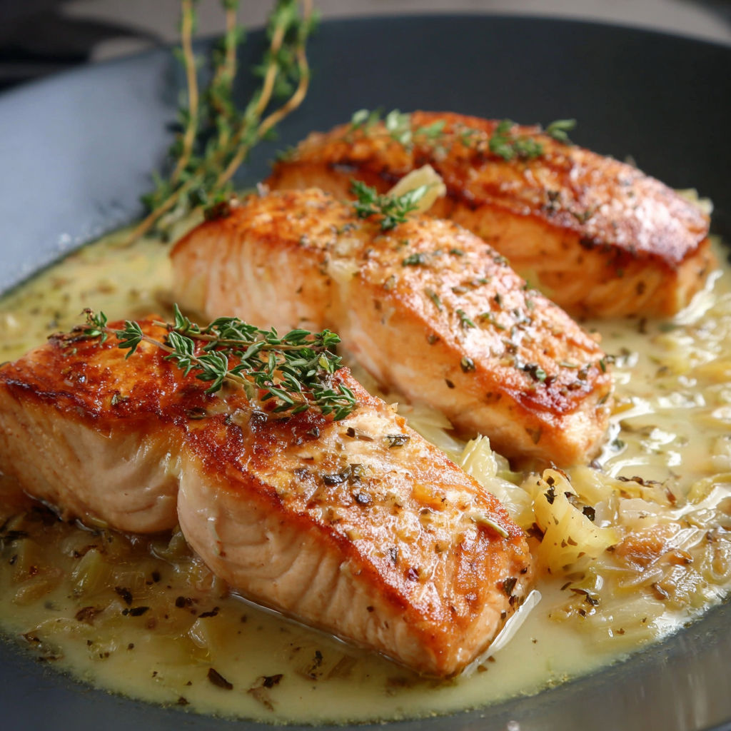 Salmon en sauce au parsley" - Salmon fillets cooked in a creamy sauce with fresh parsley garnish.