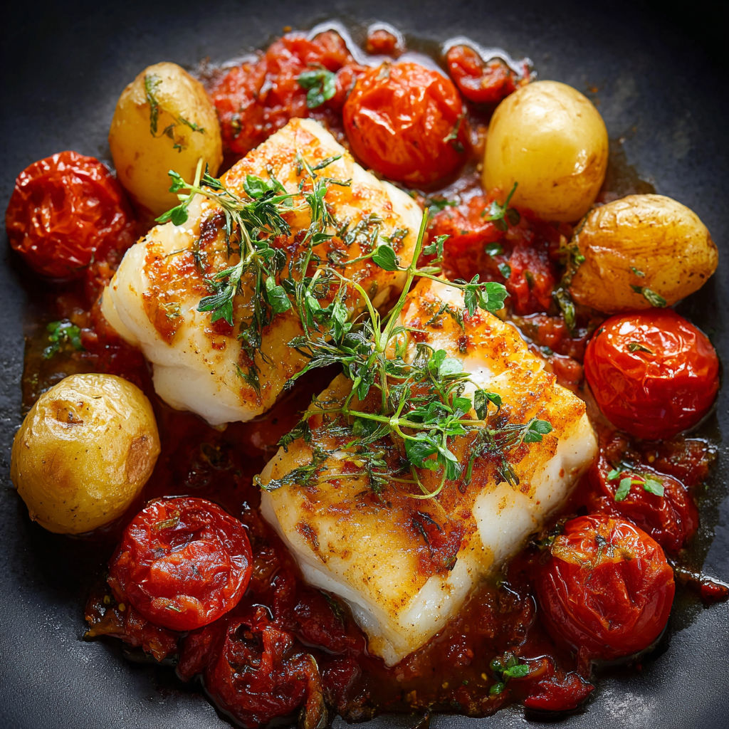 Fish with tomatoes and potatoes in a red sauce, served on a black plate.