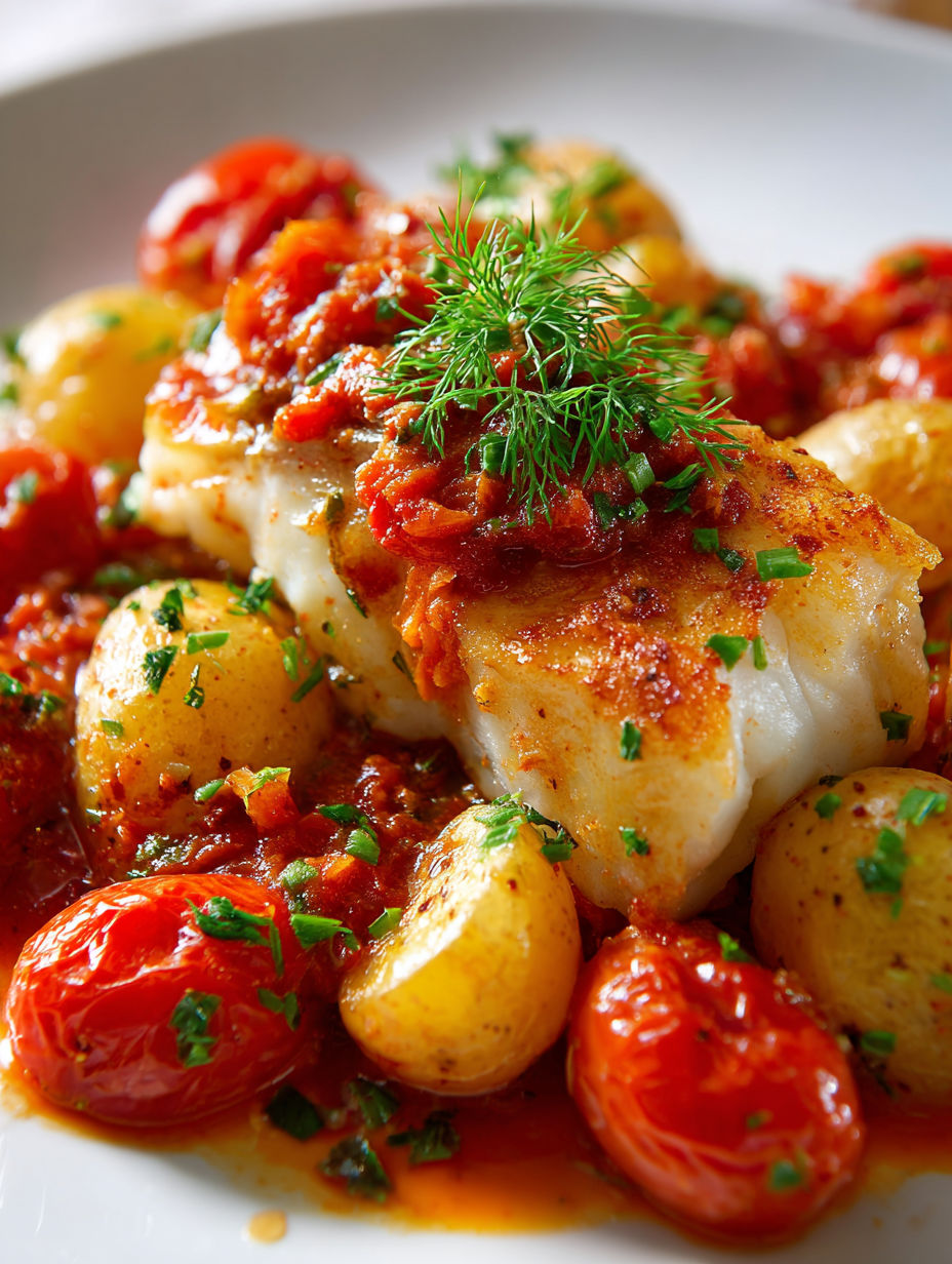 Fish with tomatoes and potatoes in a red sauce, served with a sprig of parsley.
