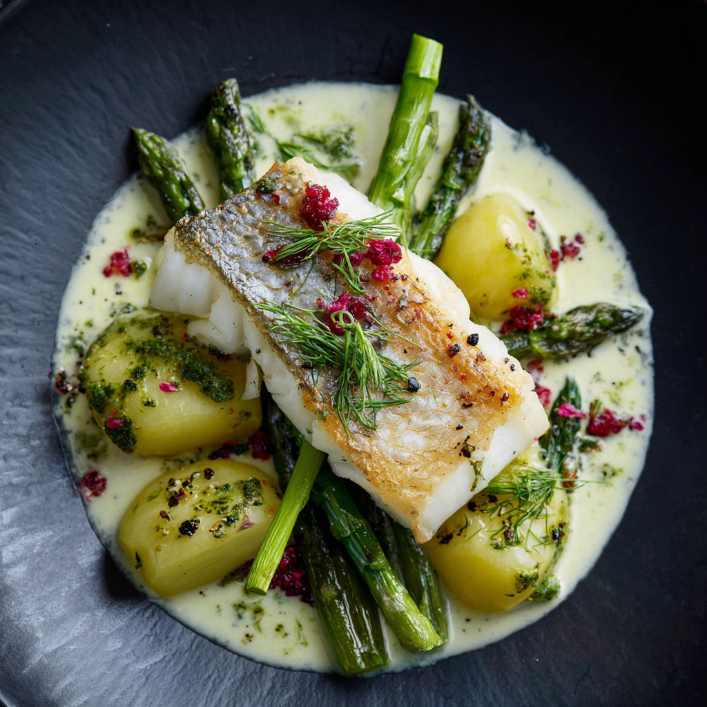 Une poisson grillé avec des asperges et des pommes de terre, accompagné d'une sauce.