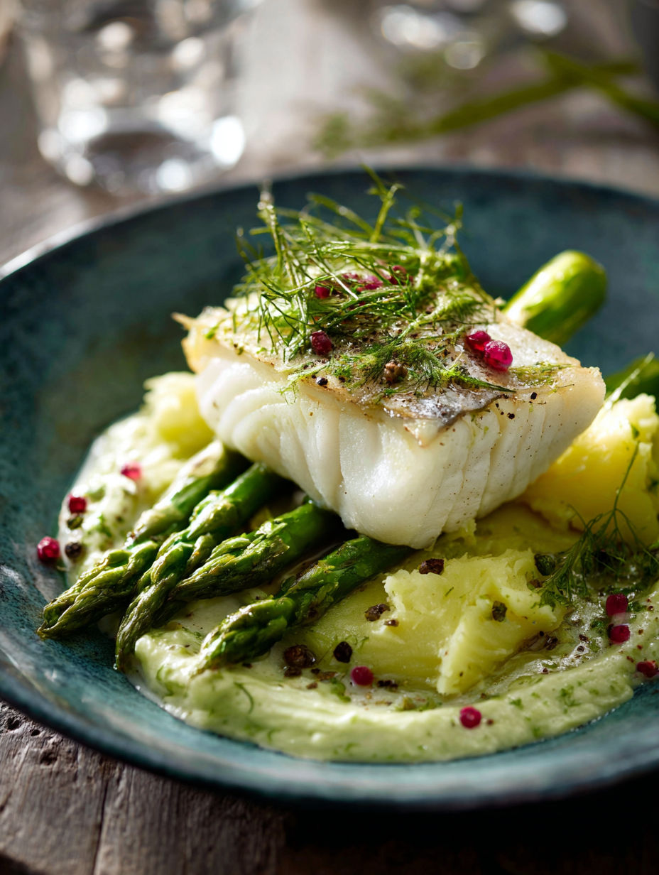 Une poisson grillé avec des asperges et des pommes de terre, accompagné d'une sauce vert.