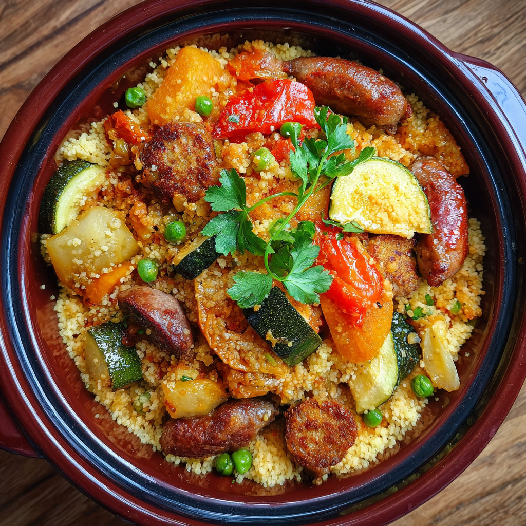 Une recette de couscous avec des légumes et des viandes.