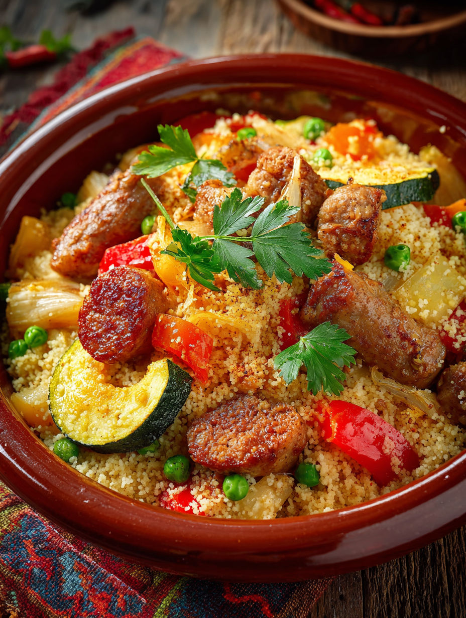 Une recette de couscous avec des légumes et des viandes.