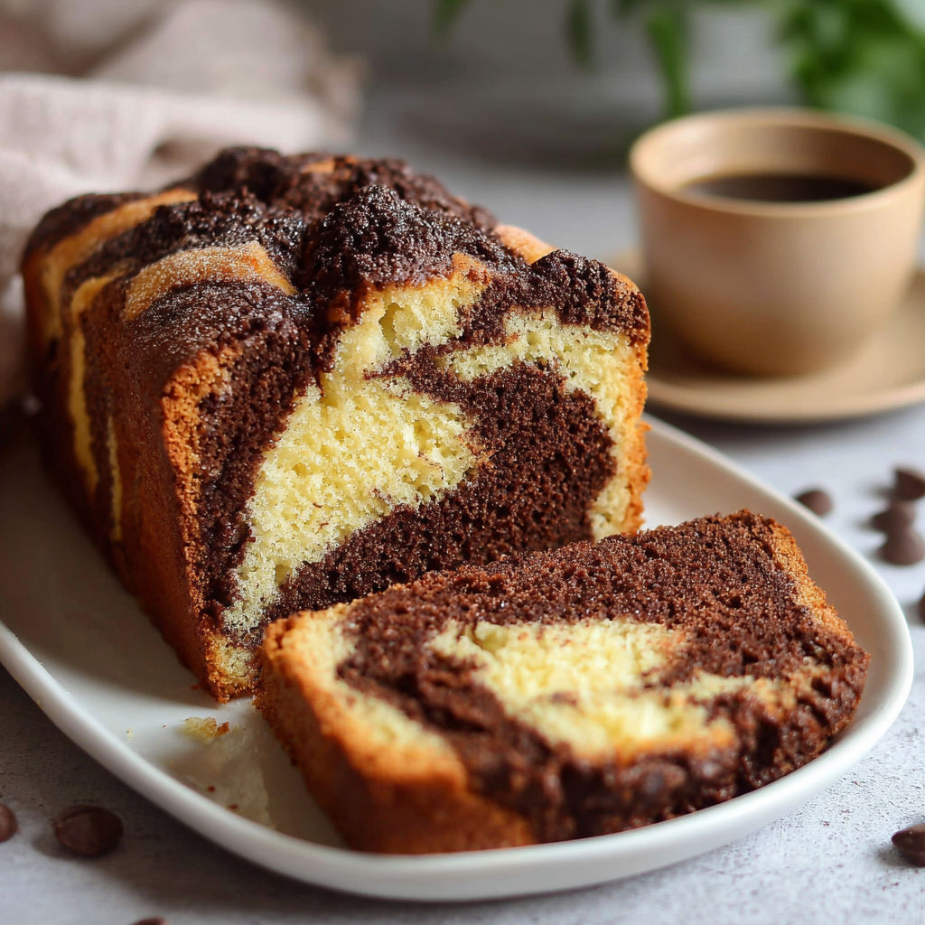 Une portion de gâteau marbré sur un plateau.