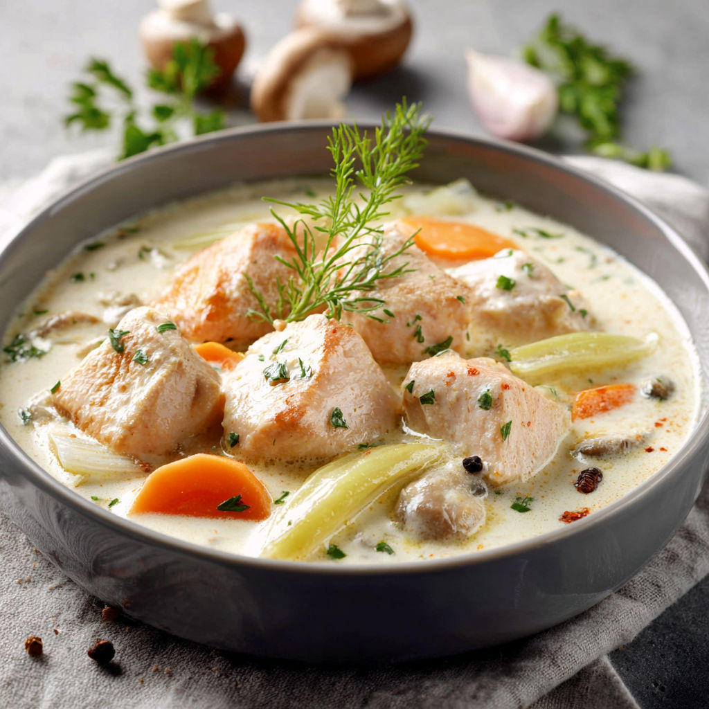 A bowl of soup with chicken, mushrooms, and carrots, accompanied by a sprig of parsley.