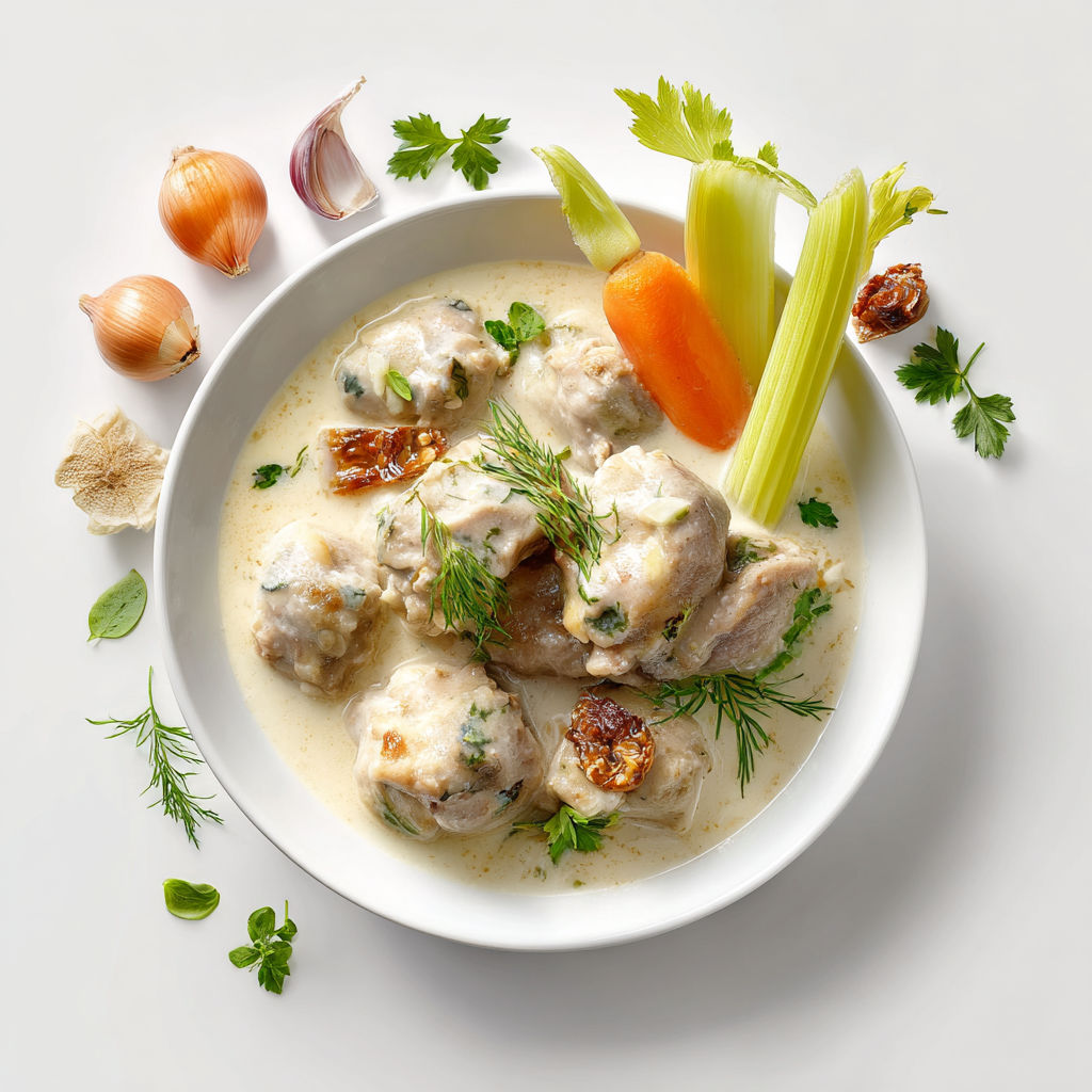 Une assiette de bouillon de poulet avec des légumes frais et des légumes secs.