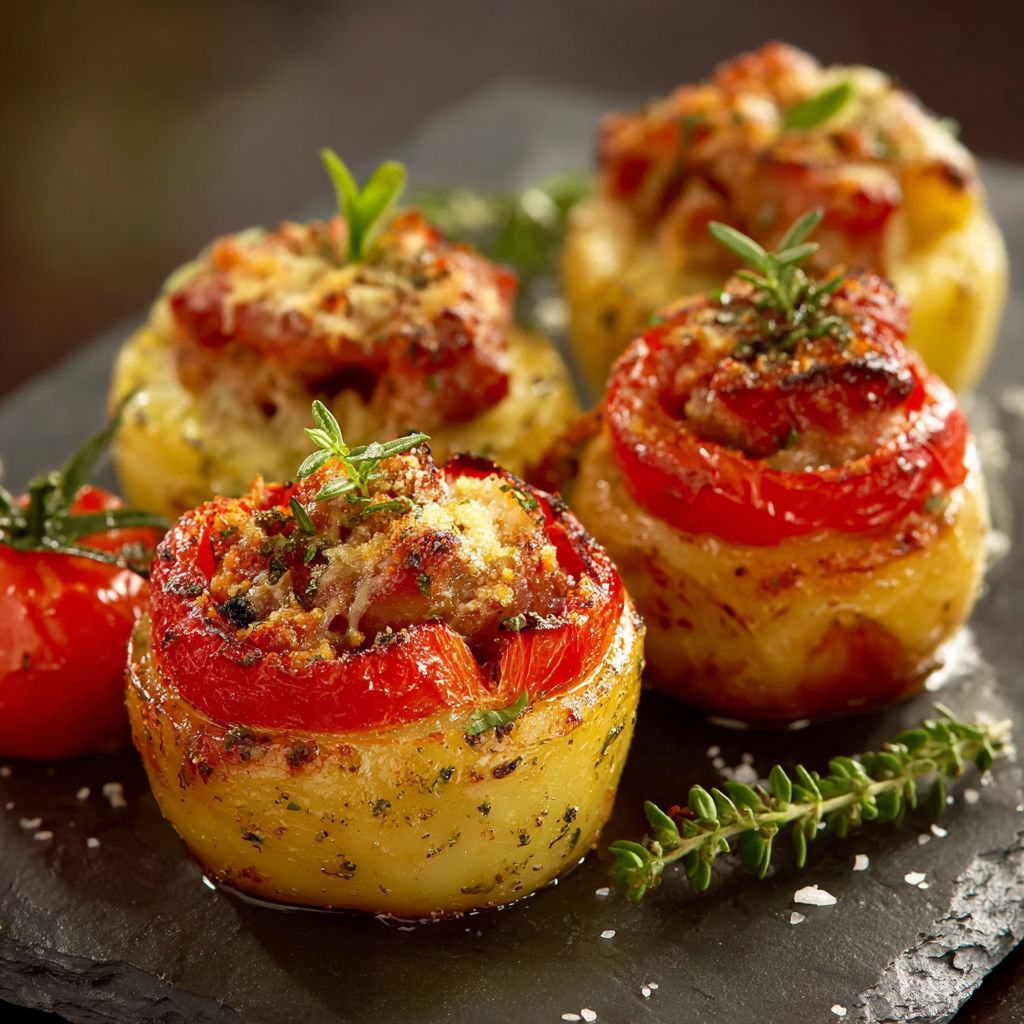Pommes et tomates farcies, avec des herbes et des épices, servent de plat principal pour une soirée gourmande.