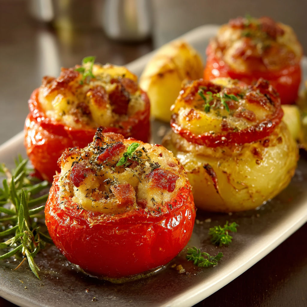 Une recette de pommes de terre farcies avec des herbes et des lardons.