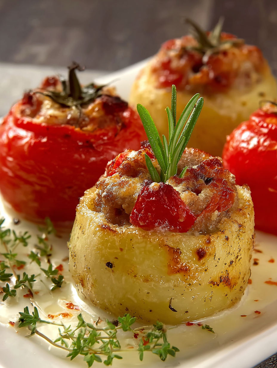 Une recette de pommes de terre farcies avec des herbes et des tomates.