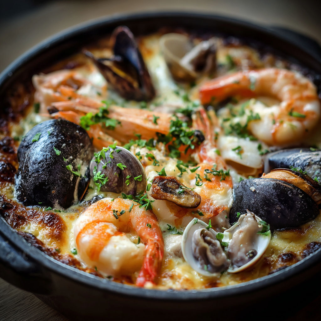 Une cassolette de fruits de mer et de crustacés, avec des moules, des huîtres et des moules.