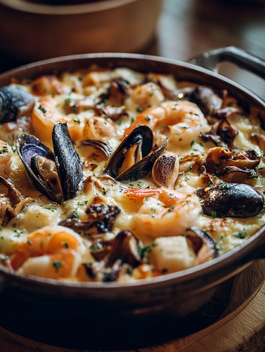 Une recette de bouillabaisse avec des moules, des crevettes et des champignons.