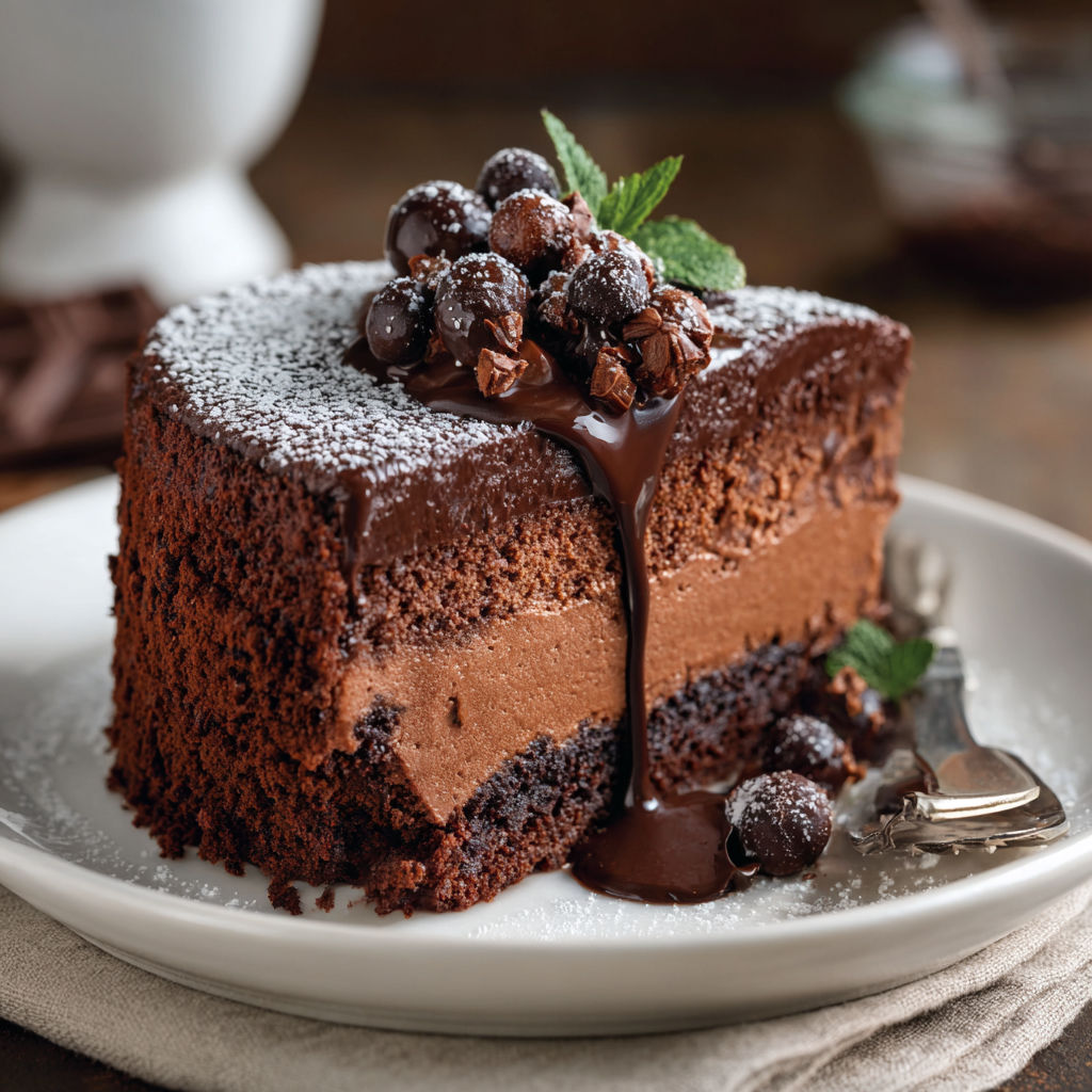 Une portion de gâteau aux noix et chocolat, avec une sauce chocolat fondu, sur un plateau.