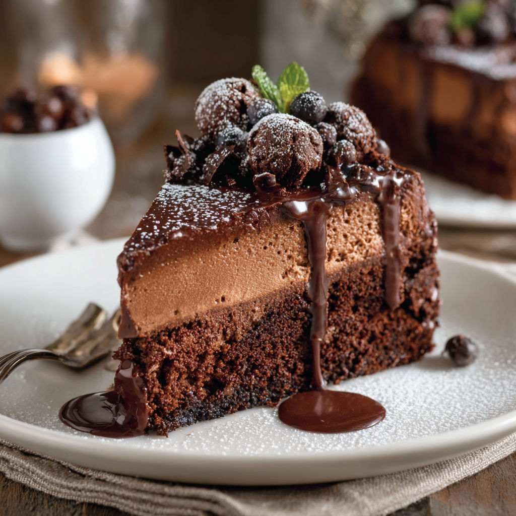 Une tarte au chocolat garnie de fruits rouges et de chocolat fondu, servie sur un plateau en verre.