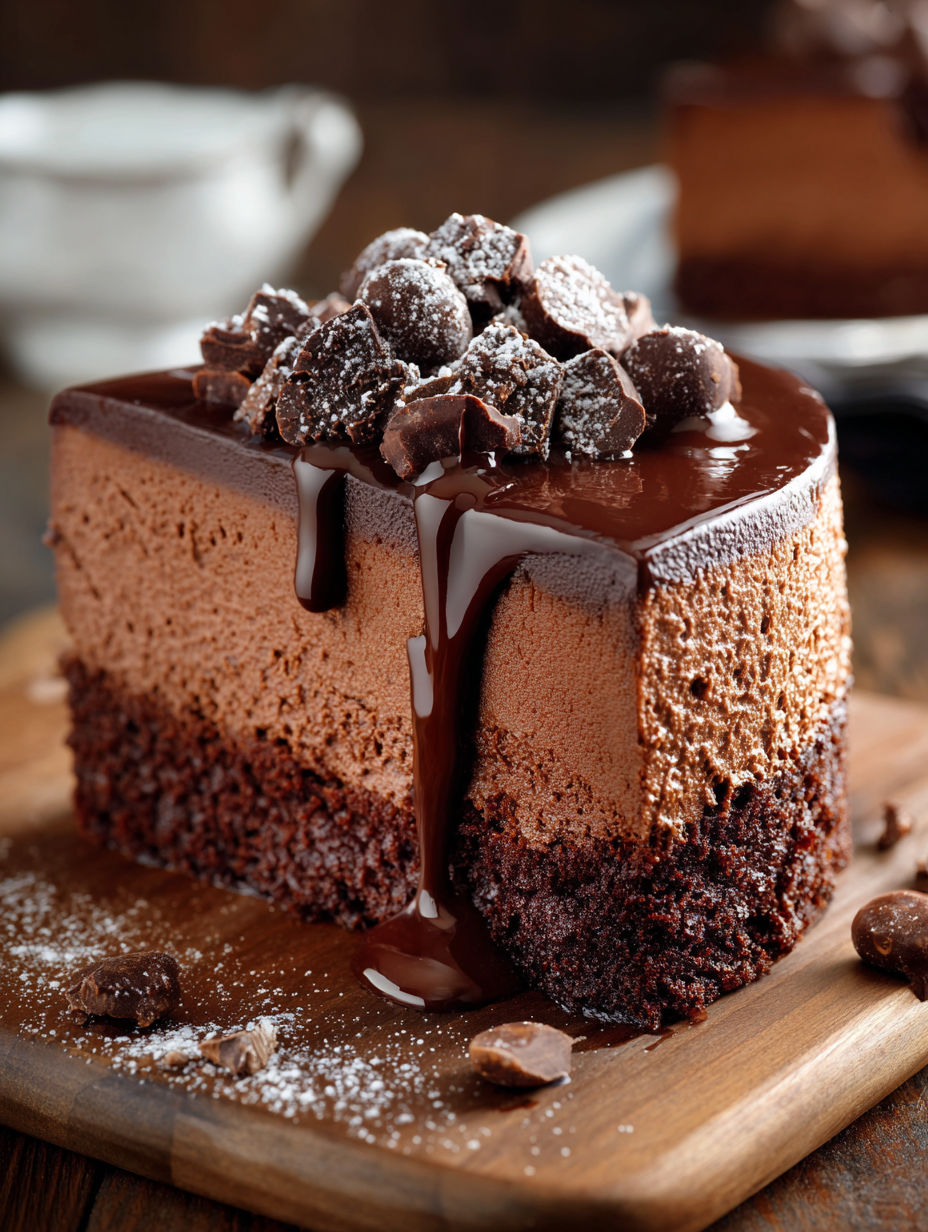 Une tarte au chocolat délicieuse, garnie de chocolat fondu et de chocolat noir, sur un plateau de bois.