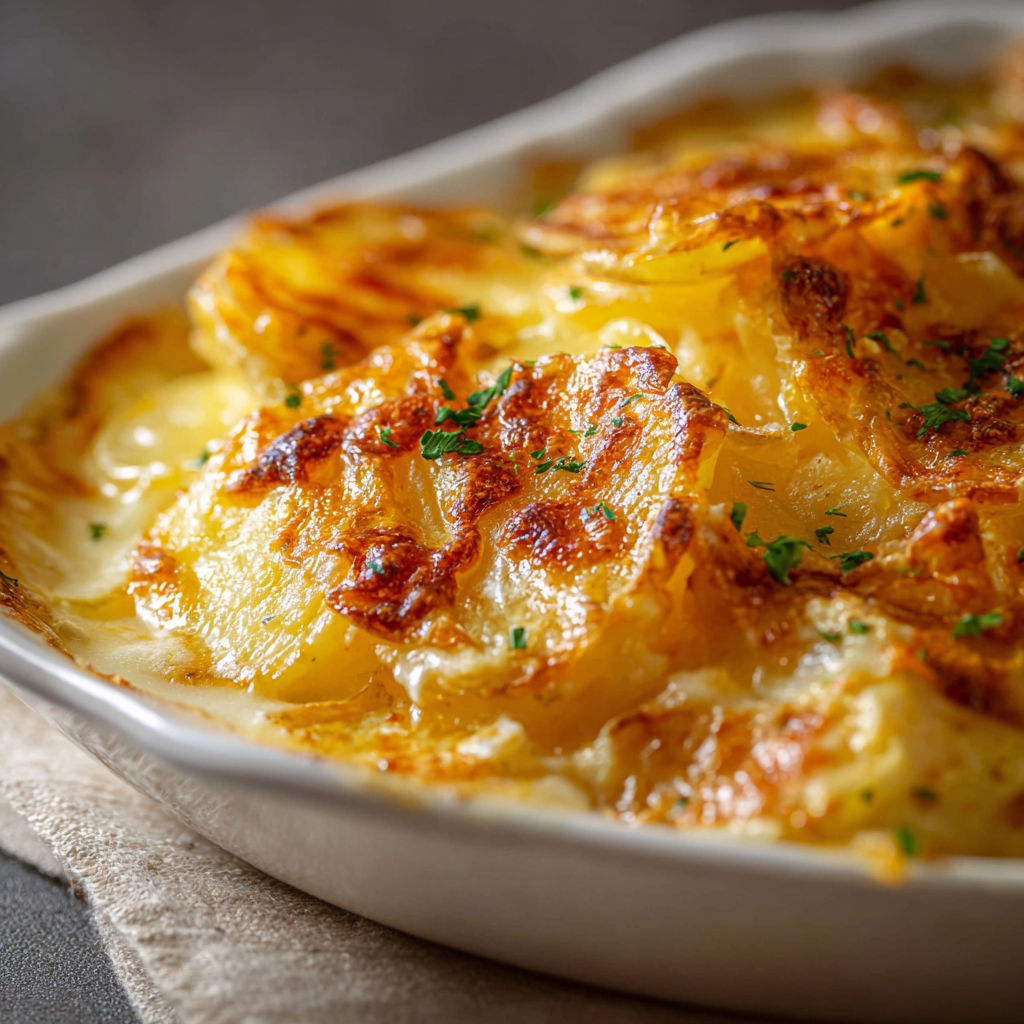 Une gratinée dauphinoise chaude et croustillante, servie dans un bol blanc.