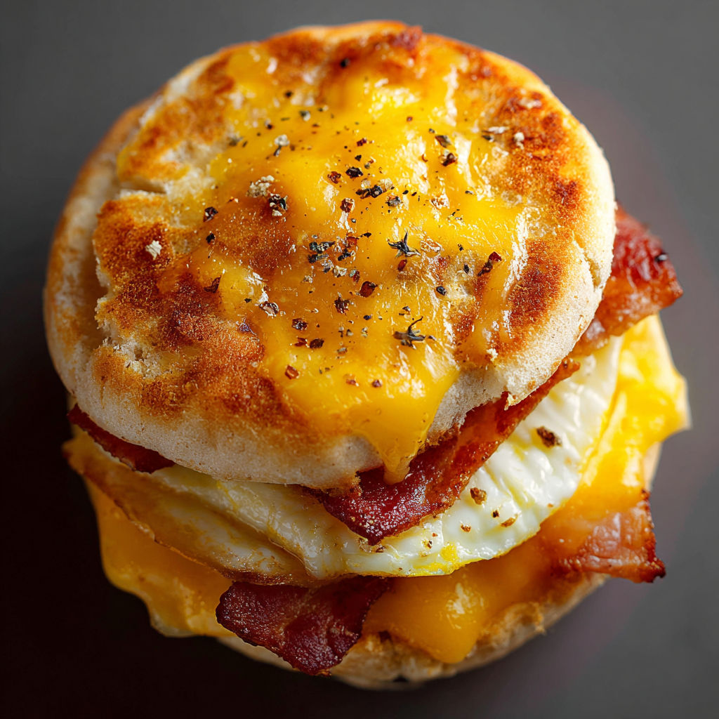Un muffin aux œufs et au bacon, avec une sauce au fromage.