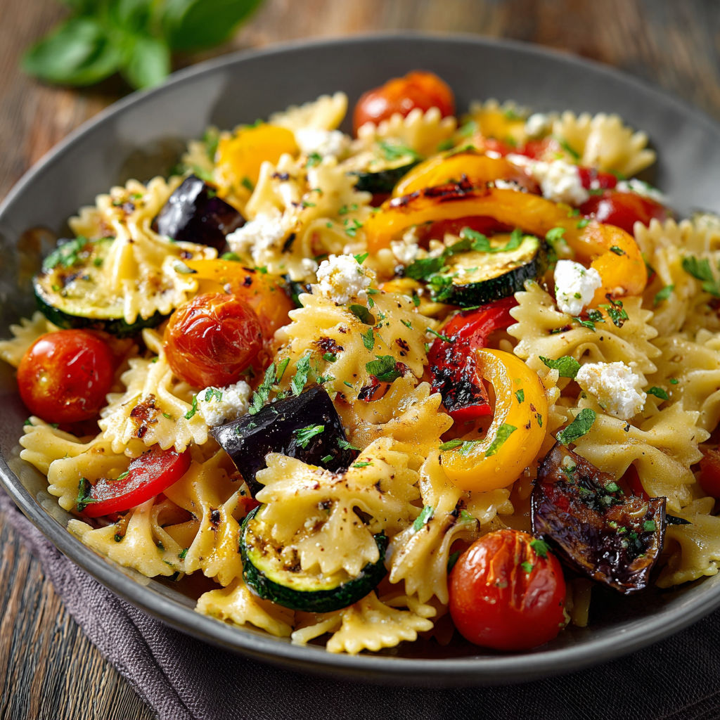 Une salade de pasta avec des tomates, des courgettes et des oignons, accompagnée de fromage blanc.