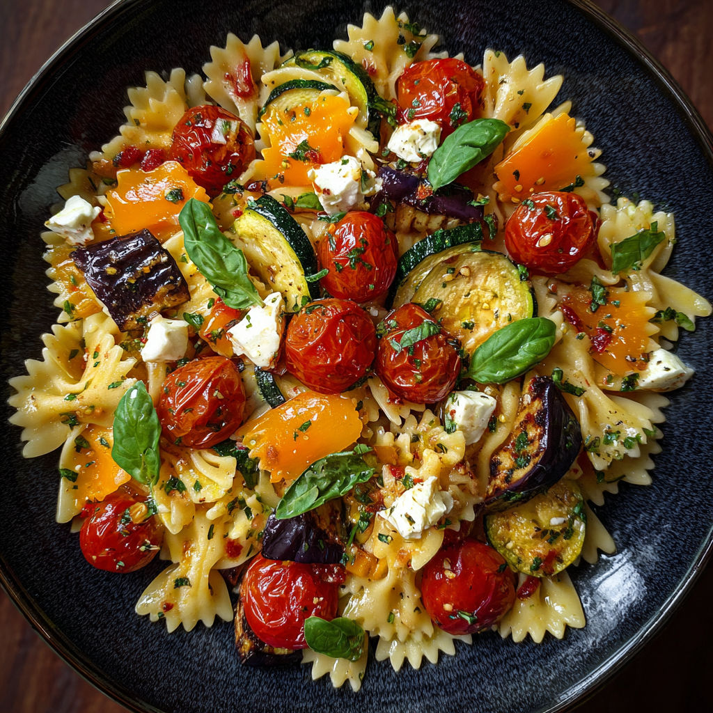 Une salade de pasta avec des tomates, des courgettes et des épinards.